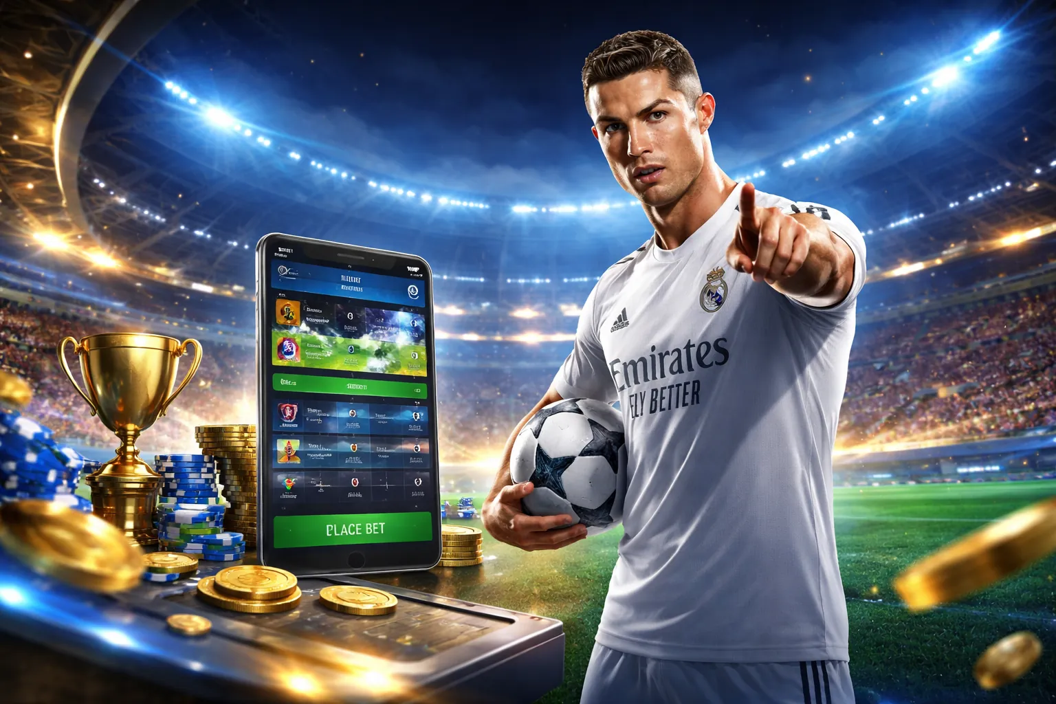 Sân vận động bóng đá với ánh đèn rực rỡ và biểu tượng cá cược win89